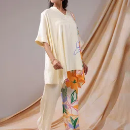 JISORA Floral Printed Mandarin Collar Russian Silk Tunic With Palazzo Co-Ords image 3