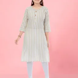 Aarika Kids Girls Beige-White Colour Cotton Striped Kurti Legging Set-image-97