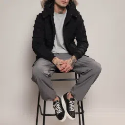 Campus Sutra Black Regular Fit Self Design Hooded Jacket image 5