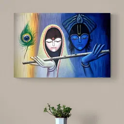 Tushaco Handicrafts Blue & White Lord Radha Krishna Printed Canvas Wall Art-image-93