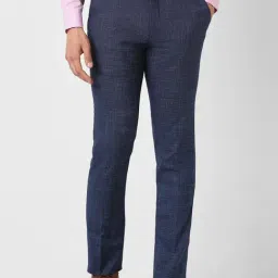 V Dot Navy Skinny Fit Self Pattern Trousers-image-10