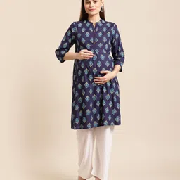 Bella Mama 3/4th Sleeves Maternity Ethnic Kurta - Navy-picture-12