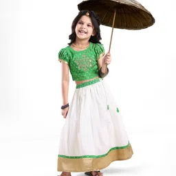 Babyhug Half Sleeves Pattu Pavada Choli & Lehenga with Floral Embroidery - Green-picture-16