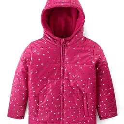 Pine Kids Woven FullSleeves Front Open Sequinned Padded Hooded Jacket with Pockets - Rani Pink-picture-28