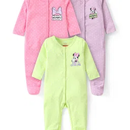 babyhug disney Babyhug DisneyInterlock Knit Full Sleeves Front Open Sleep Suit with Minnie Mouse Graphics Pack of 3 -Pink Purple & Neon Green-picture-17