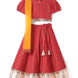 Saka Designs Rayon Woven Puffed Sleeves Choli Lehenga Set with Floral Foil Print Lace Detailing & Dupatta- Red and Golden-picture-16