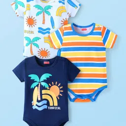 Babyhug 100% Cotton Knit Half Sleeves Striped & Beach Theme Printed Onesies Pack of 3 - Navy & White-picture-25