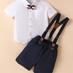 Mark & Mia Half Sleeves Party Wear Shirt & Shorts Set with Suspender & Bow Detailing - White & Navy Blue-picture-40