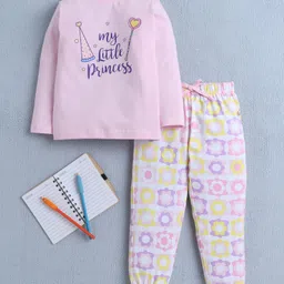 BUMZEE Cotton Knit Full Sleeves Night Suit with Floral & Little Princess Text Print - Baby Pink-picture-23