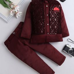 Fourfolds Full Sleeves Solid Indo Blazer & Trouser Set With Embroidered Waistcoat - Wine-picture-32