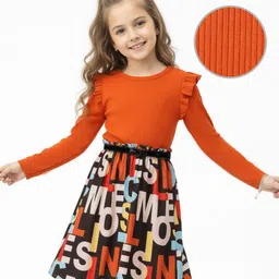 Hola Bonita Woven Full Sleeves Frock & Belt with Frill Detailing & Text Print - Rust Orange-picture-23