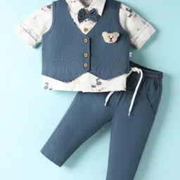 WOW Muslin Knit Full Sleeves Solid Coloured 3 Piece Party Suit With Vehicle Applique - Light Blue & Yellow-picture-12