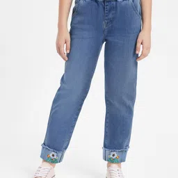 Mark & Mia Cotton Lycra Full Length Washed Denim Jeans With Floral Embroidery - Blue image 1