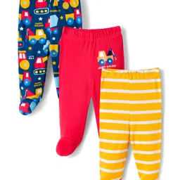 Babyhug Cotton Knit Footed Bootie Leggings with Construction Vehicle Print & Stripes Pack of 3 - Red Yellow & Navy Blue-image-41