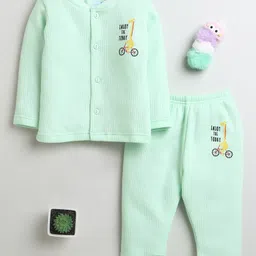 BUMZEE Knit Full Sleeves Giraffe Printed Thermal Jhabla & Jogger Set - Mint Green-picture-12