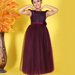 Toy Balloon Kids Net Woven Cap Sleeves Floral Applique Detailed Sequins Embellished Gown - Purple-picture-14