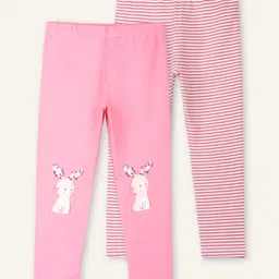Ariel Cotton Knit Pack Of 2 Striped & Baby Bunny Printed Leggings - Pink-picture-14