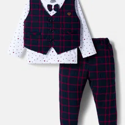 Mini Taurus Sinker Knit Full Sleeves Star Printed Party T-Shirt & Trouser Set with Waistcoat Checks & Bow Applique - Navy Blue-picture-10