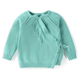 Babyhug Knitted Full Sleeves Side Tie Up Sweater Set with Cap - Aqua Blue image 2