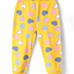 Babyhug Single Jersey Knit Full Length Hearts & Polka Dots Printed Lounge Pants with Bow Applique Pack of 3 - Yellow Light Blue & Pink image 2