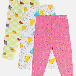 MINI KLUB Cotton Knit Pack Of 3 Fruits & Polka Dots Printed Leggings - Yellow Pink & White image 3