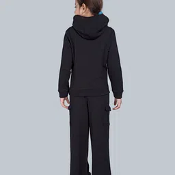 Plum Tree 100% Cotton Knit Full Sleeves Unicorn Printed Light Winter Hooded Sweatshirt & Cargo Flared Pants Set - Jet Black image 3