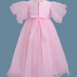 Babyhug Woven Half Sleeves Party Gown With Bow Applique & Sequin Detailing - Pink image 3