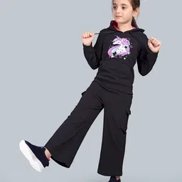 Plum Tree 100% Cotton Knit Full Sleeves Unicorn Printed Light Winter Hooded Sweatshirt & Cargo Flared Pants Set - Jet Black image 4