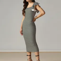 Selvia Women Ethnic Motifs Printed Flutter Sleeves Bodycon Midi Dress image 3