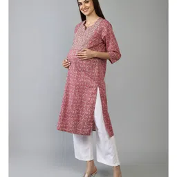 Zelena 100% Cotton Three Fourth Sleeves Zari Embroidery Maternity Nursing Kurta With Palazzo Pant - Red image 5