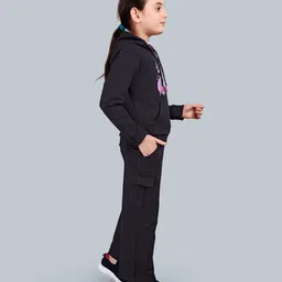 Plum Tree 100% Cotton Knit Full Sleeves Unicorn Printed Light Winter Hooded Sweatshirt & Cargo Flared Pants Set - Jet Black image 5