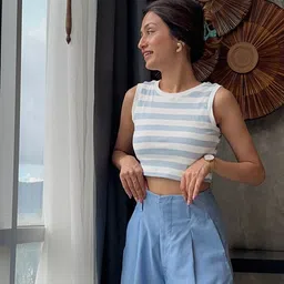 SASSAFRAS Blue & White Striped Rib Crop Top image 1