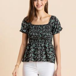 Moomaya Black & Blue Floral Print Peplum Top-picture-2