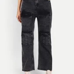 Broadstar Black Denim Relaxed Fit High Rise Cargo Jeans-image-38