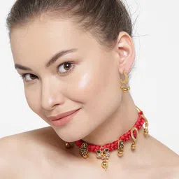 YouBella Red & Gold-Toned Stone-Studded Braided Jewellery Set-image-17