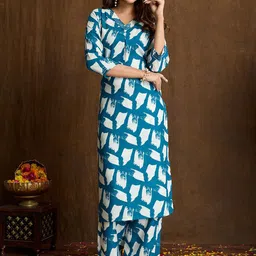 Women Basket Abstract Printed Pure Cotton V-Neck Straight Kurta With Trousers-picture-38