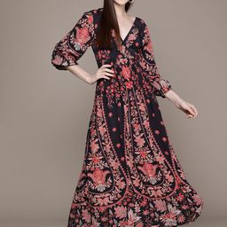 Label Ritu Kumar Women Black & Orange Ethnic Motifs Crepe Maxi Dress-picture-34