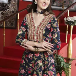 HERE&NOW Women Floral Printed Panelled Thread Work Pure Cotton Kurta with Trousers & With Dupatta image 3