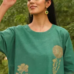 Jaypore Green Dabu Print Flared Fit Dress image 4