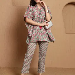 BANDIA Floral Printed Pure Cotton Kaftan Top With Trousers image 5