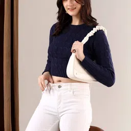 NOWI Women Cable Knit Ribbed Woollen Crop Pullover-image-72