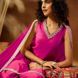 Janasya Women Ethnic Motifs Yoke Design Regular Gotta Patti Chanderi Silk Kurta with Sharara & With Dupatta image 5