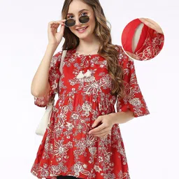 Bella Mama Viscose Woven Flutter Sleeves Maternity Top with Pocket Floral Print- Red-image-21