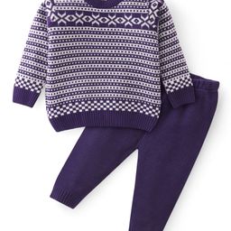 Babyhug Knit Full Sleeves Sweater Set With Aztec Design - Purple-picture-2