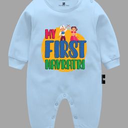 The Peppy Tend Navratri Theme 100% Cotton Full Sleeves My First Navratri Text Printed Romper - Blue-picture-39