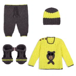 Windrop Solutions Full Sleeves Bear Designed Crocheted Sweater With Coordinating Solid Pajama Cap & Booties Set - Yellow & Black-picture-12