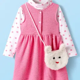 Babyhug Cotton Knit Textured Frock with Full Sleeves Floral Printed Inner Tee & Sling Bag - Pink & White-picture-30