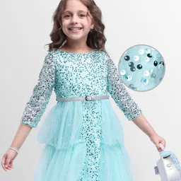 Hola Bonita Knit Full Sleeves Mesh Party Dress with Belt & Sequin Detailing - Light Blue-image-20