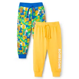 Babyhug Cotton Knit Full Length Lounge Pant with Animal Print Pack of 2- Yellow & Blue-picture-13