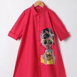 M'andy Cotton Blend Woven Full Sleeves Girl Sipping Coffee Printed Shirt Dress - Magenta-picture-17